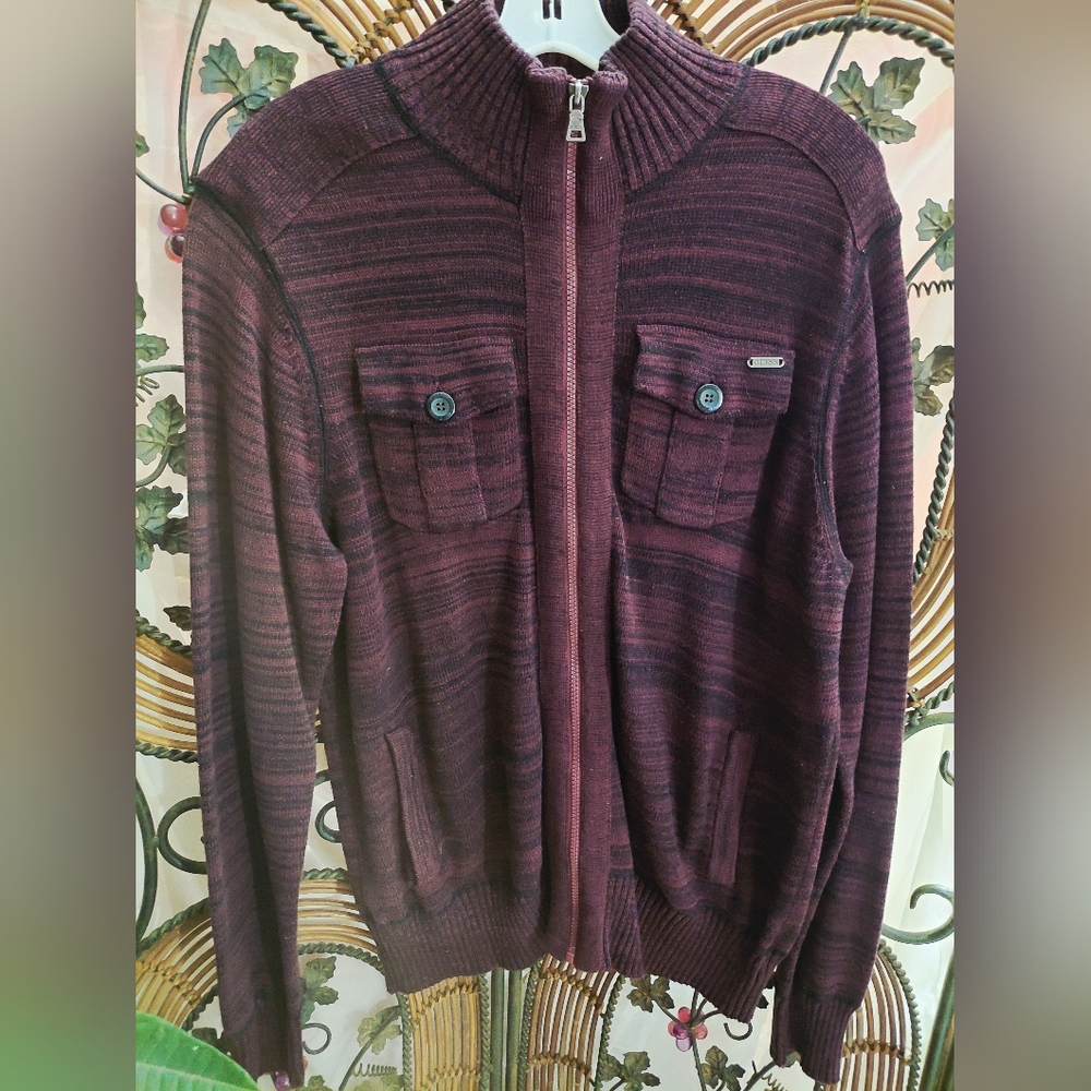 Guess Men's Maroon Zip-Up Sweater